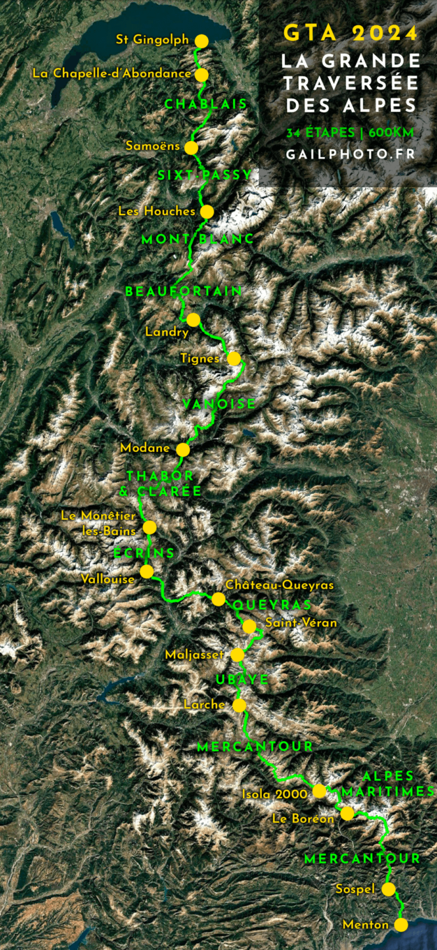 Carte du parcours GTA GR5, Grande Traversée des Alpes en 34 étapes de Saint Gingolph à Menton